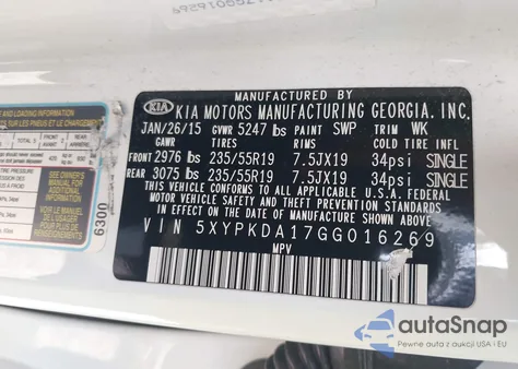 2016 Kia Sorento 2.0T Sxl z USA, uszkodzony, nr VIN 5XYPKDA17GG016269